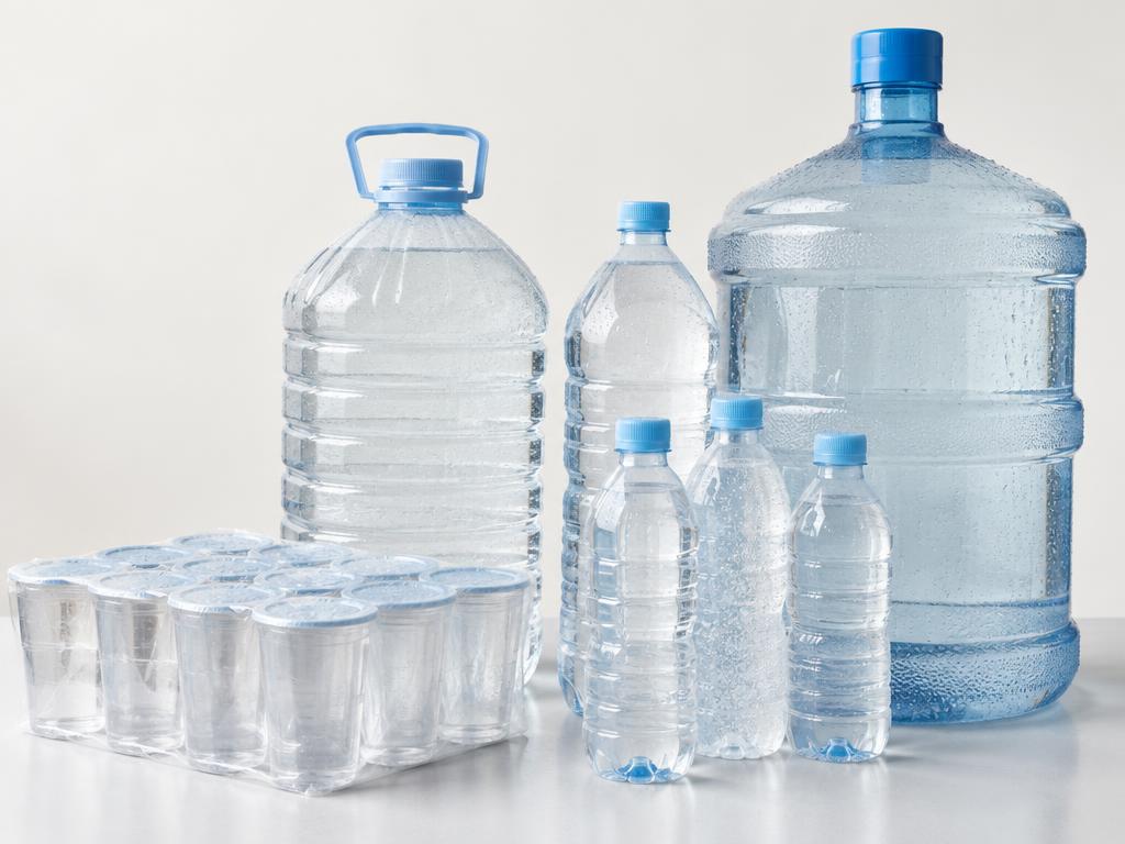 Água mineral em copos, garrafas de vários tamanhos e galão de 20 litros