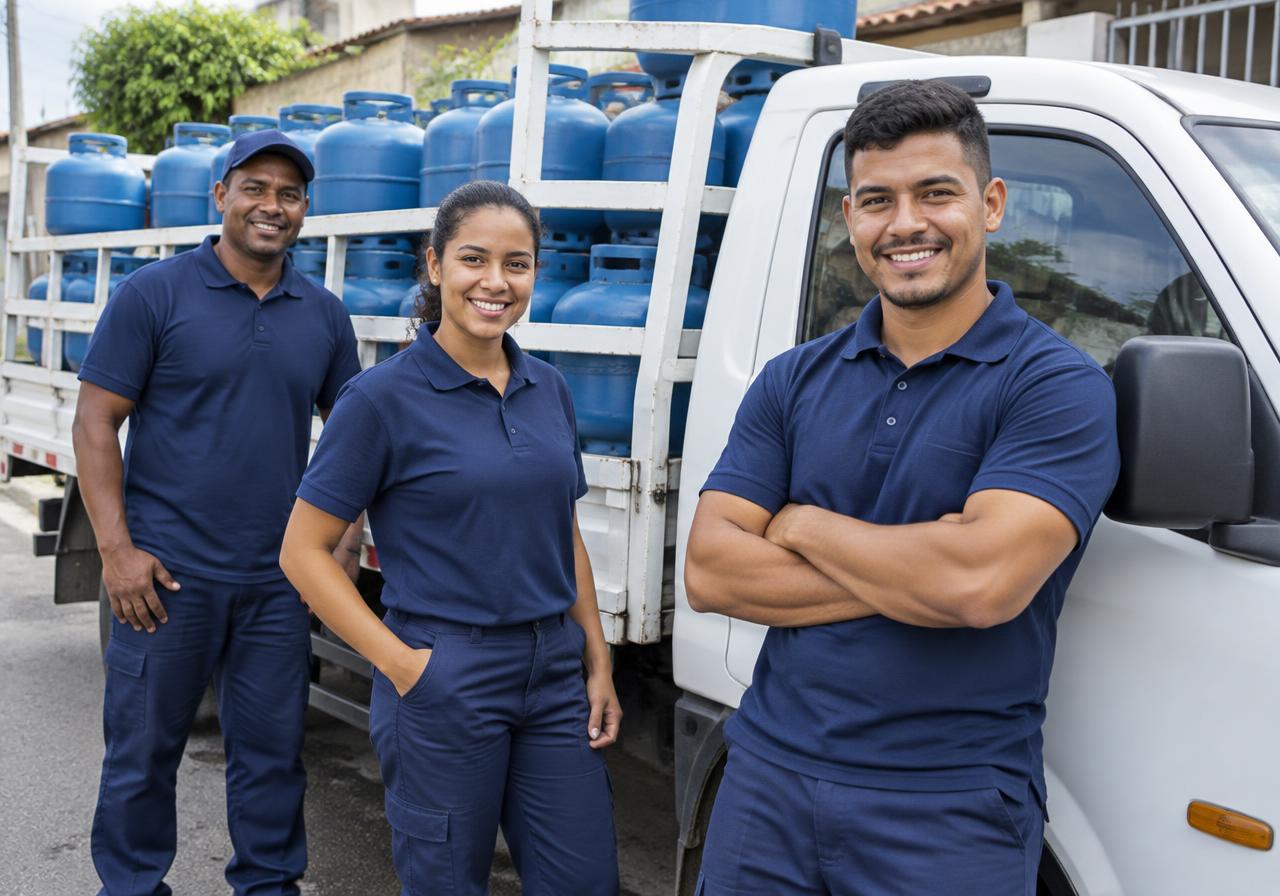 Equipe uniformizada com o caminhão de entrega